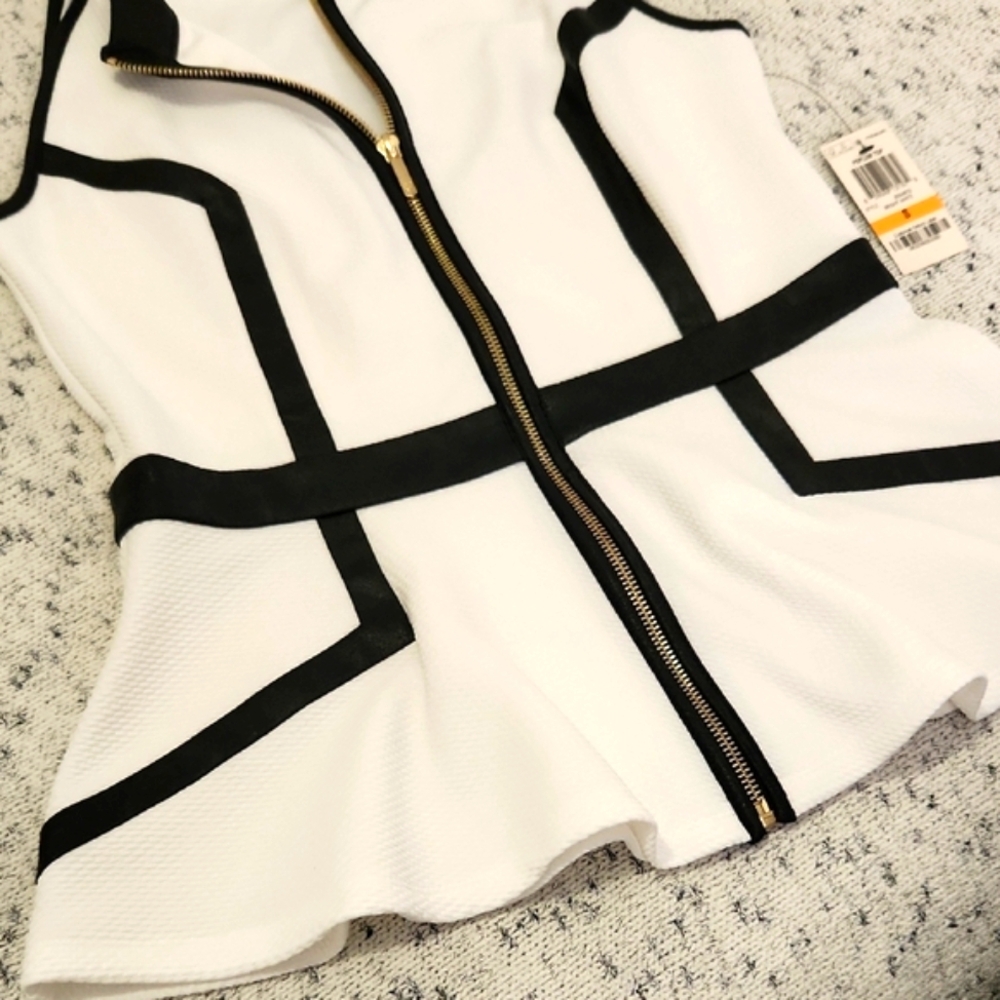 White and Black Zip-Up Peplum Top